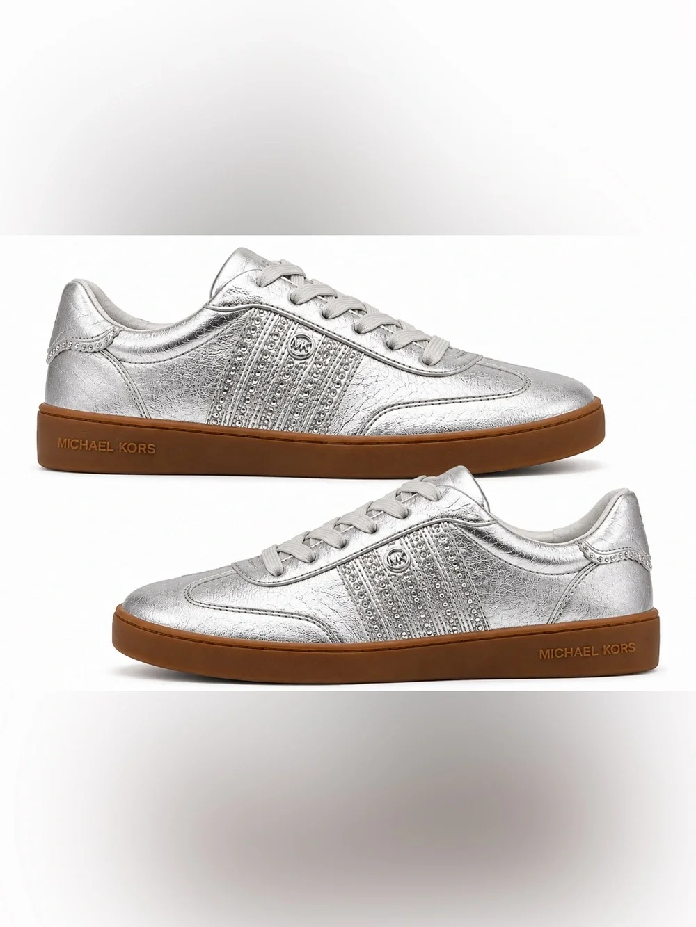 Michael Kors Scotty Lace Up Metallic Silver w/Rhinestones Women's Sneakers 8.5